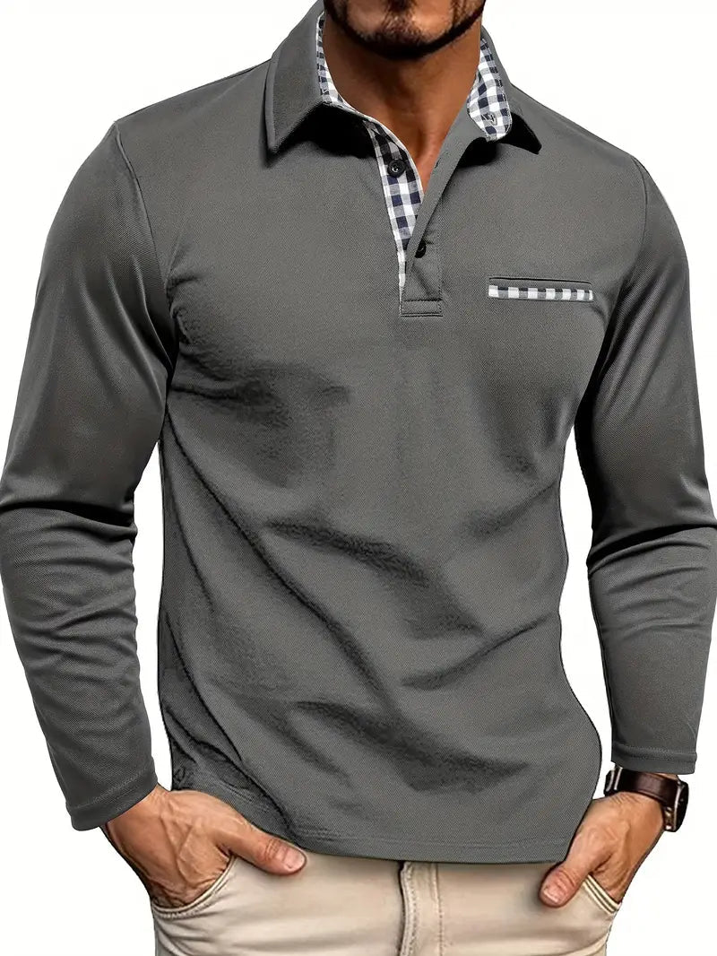 Poloshirt Heren | Lange Mouw | Borstzak | Geruite Kraag-Boutique Moda