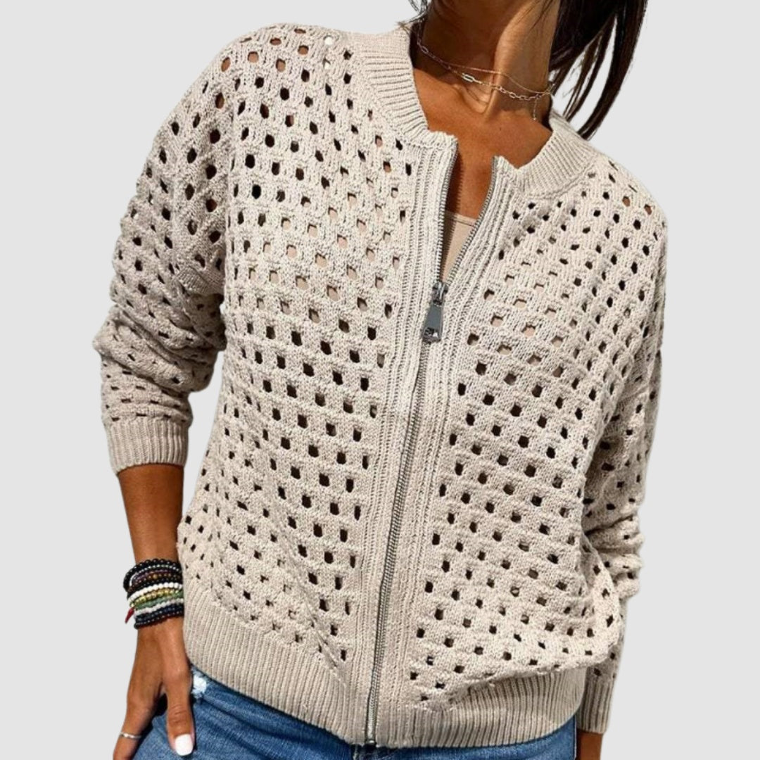 Beige opengewerkt vest met rits, voorkant