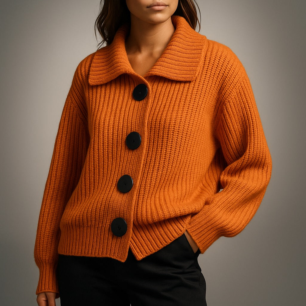 Oversized grof gebreid vest met kraag in oranje, gedragen, vooraanzicht