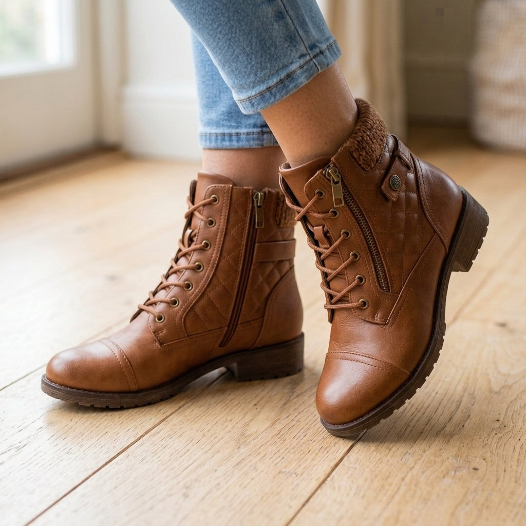 Bruine doorgestikte veterboots gedragen onder een jeans