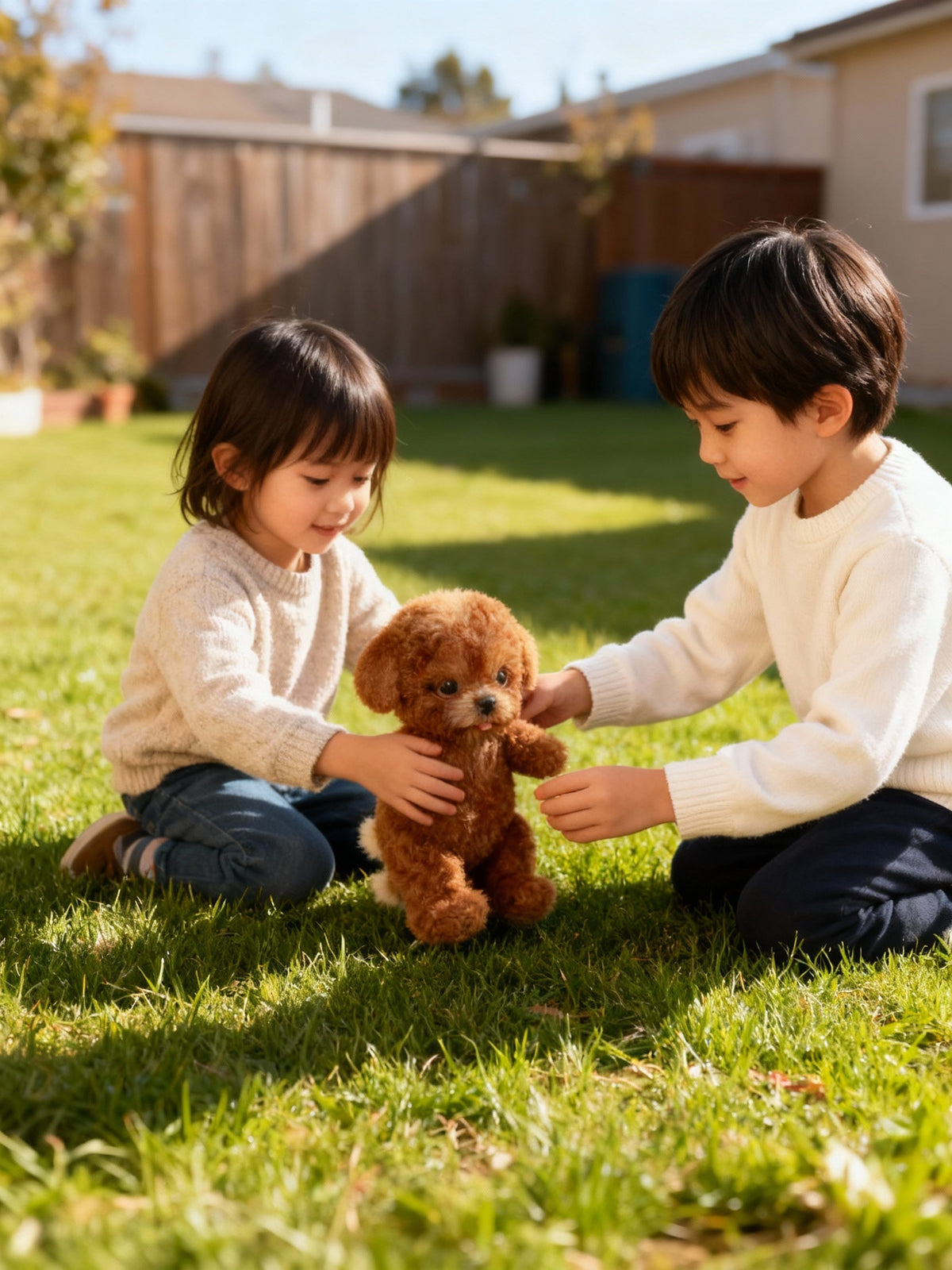 Twee kinderen spelen buiten met bruine pluche speelgoedhond op gras | Boutique Moda