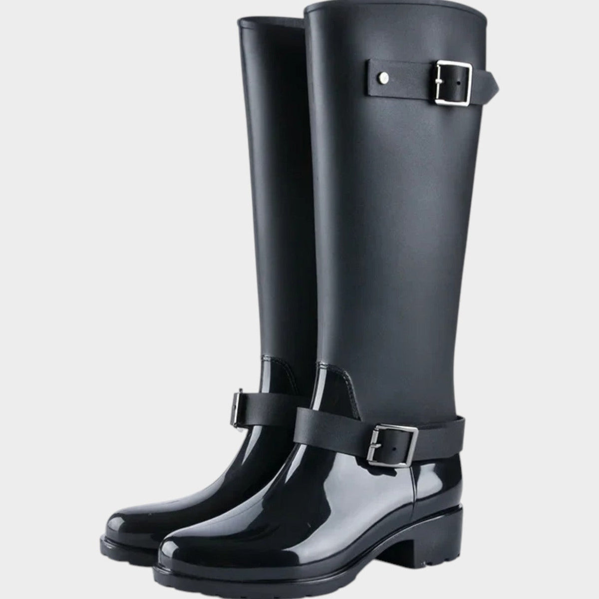 Hoge regenlaarzen met gespen in zwart, productfoto