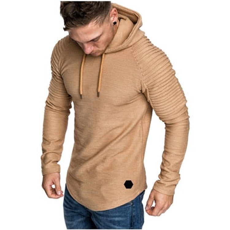 Slim fit hoodie met geribde mouwen voor heren in camel, gedragen, voorkant