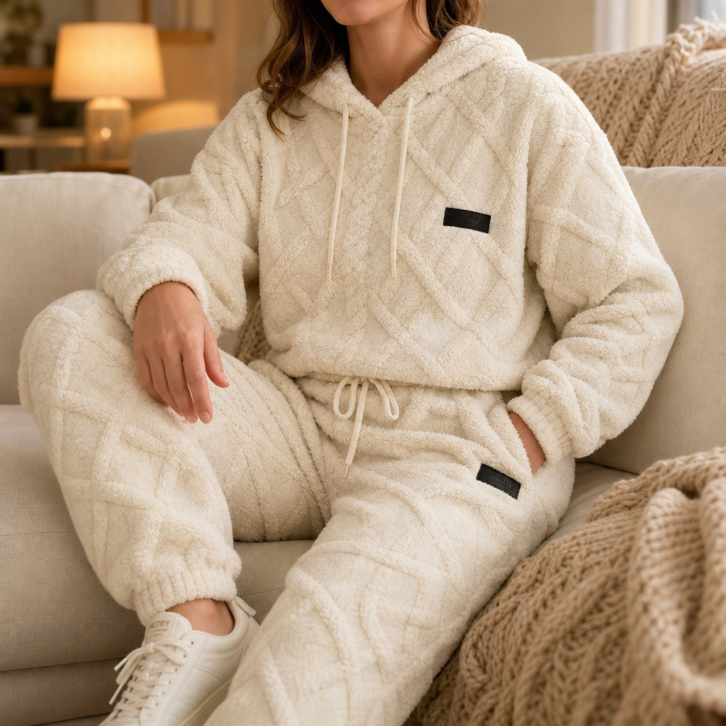 Joggingpak met 3D-ruitpatroon in crème, hoodie en joggingbroek, zittend gedragen op de bank