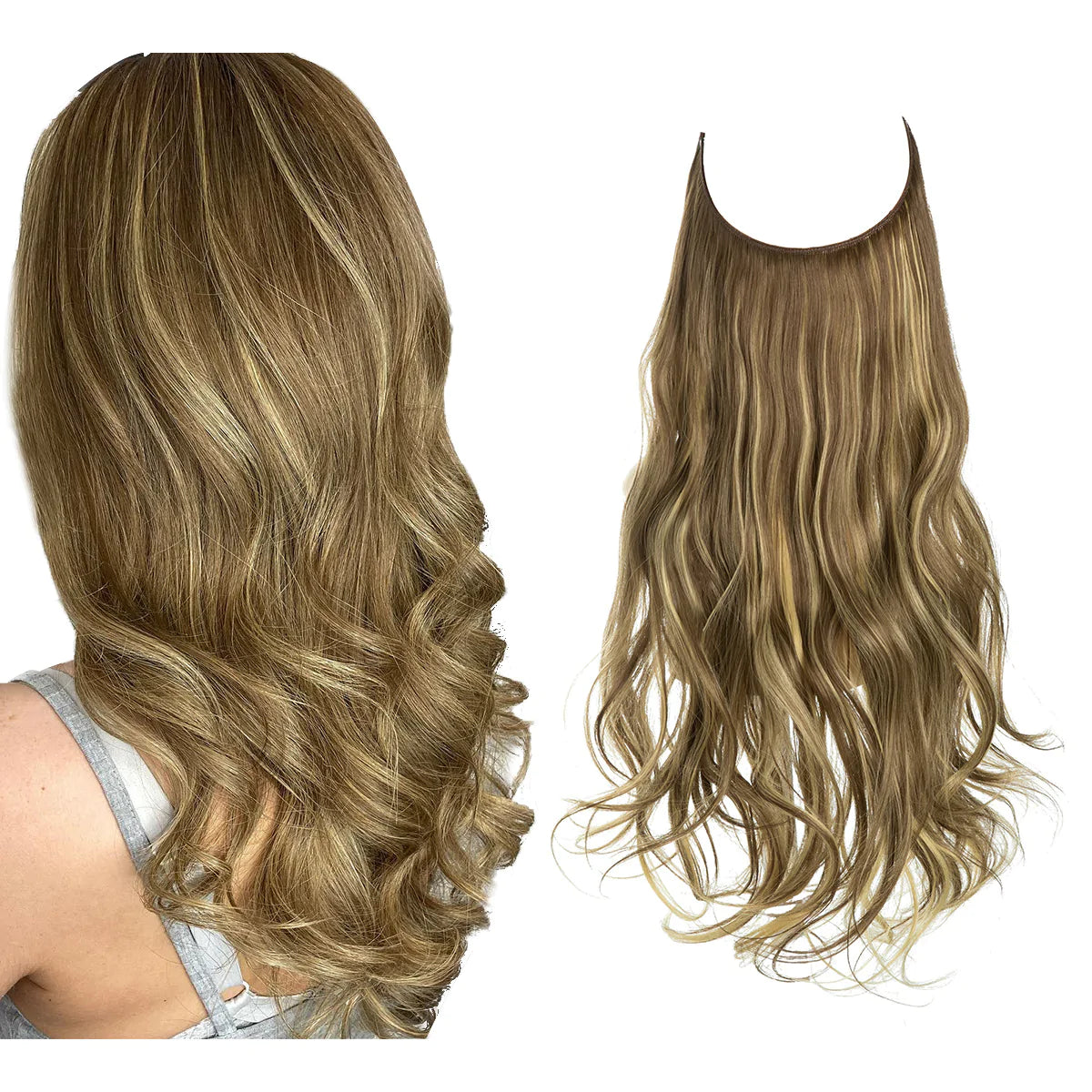 Golvende halo hair extension in blond met highlights, los weergegeven naast model | Boutique Moda