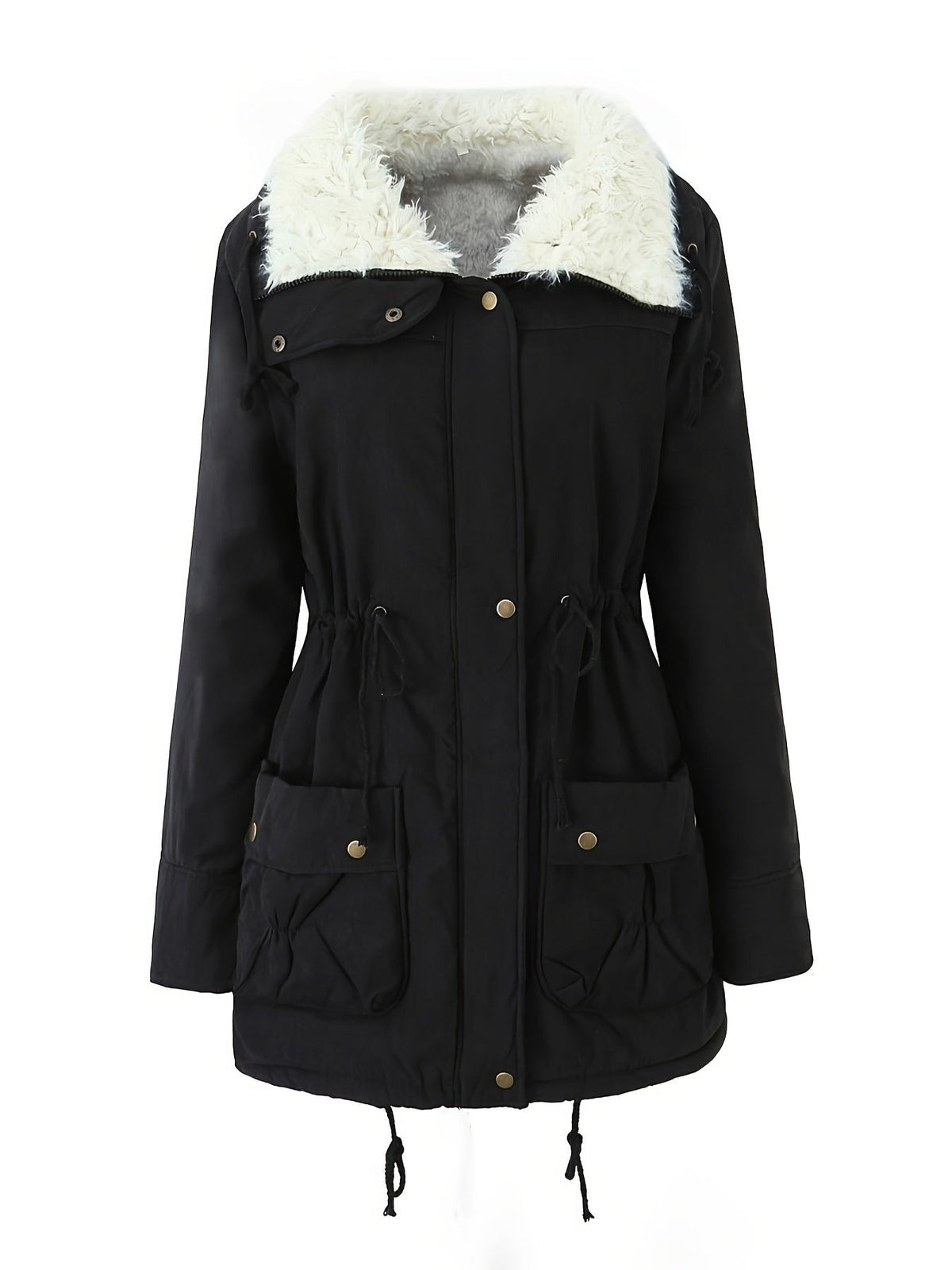 Zwarte parka met teddykraag en trekkoord in de taille