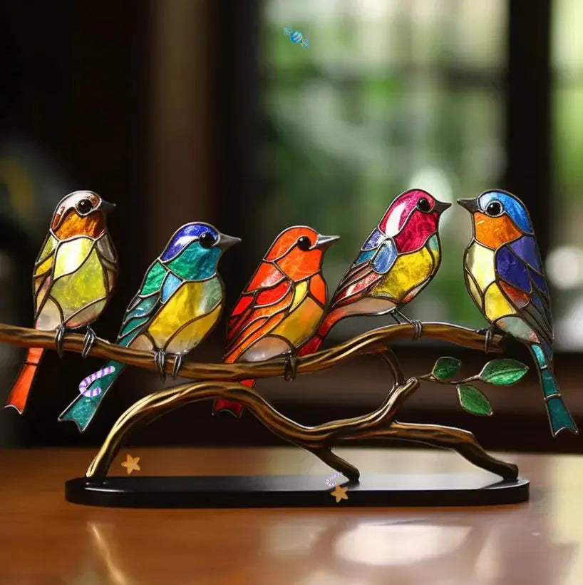 Kleurrijke glas in lood vogels op metalen tak met standaard | Boutique Moda