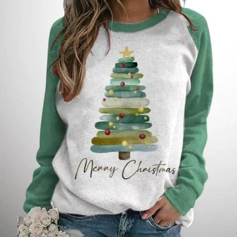 Kerstsweater met kerstboomprint in wit/lichtgroen, gedragen