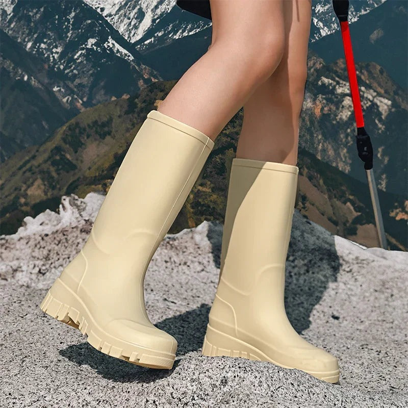Regenlaarzen met grove profielzool in beige, hoog, gedragen