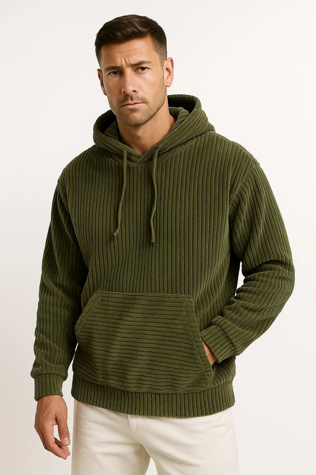 Corduroy hoodie voor heren in groen, gedragen, voorkant