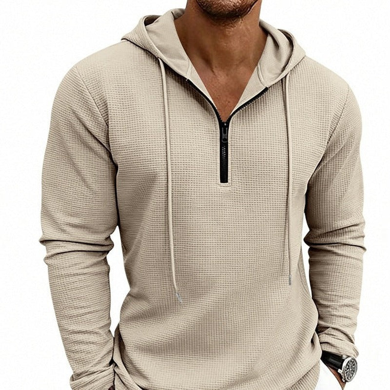 Hoodie met korte rits en wafelstructuur voor heren in beige, gedragen, voorkant