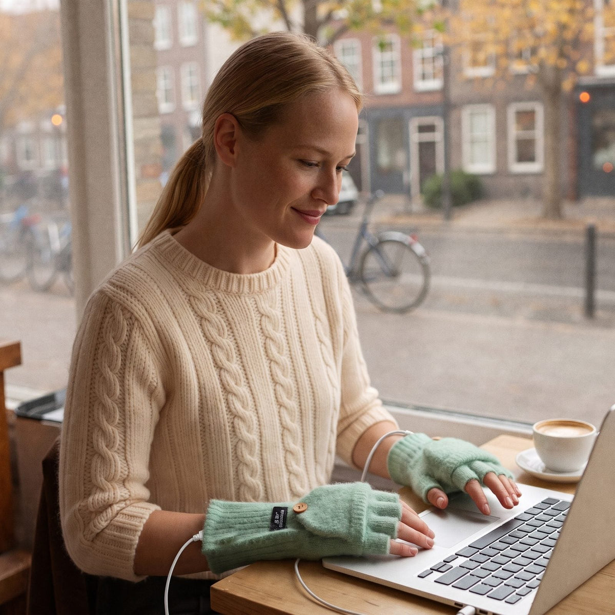 Vrouw met verwarmde handschoenen in mintgroen typt op haar laptop in een café, de klep teruggeslagen