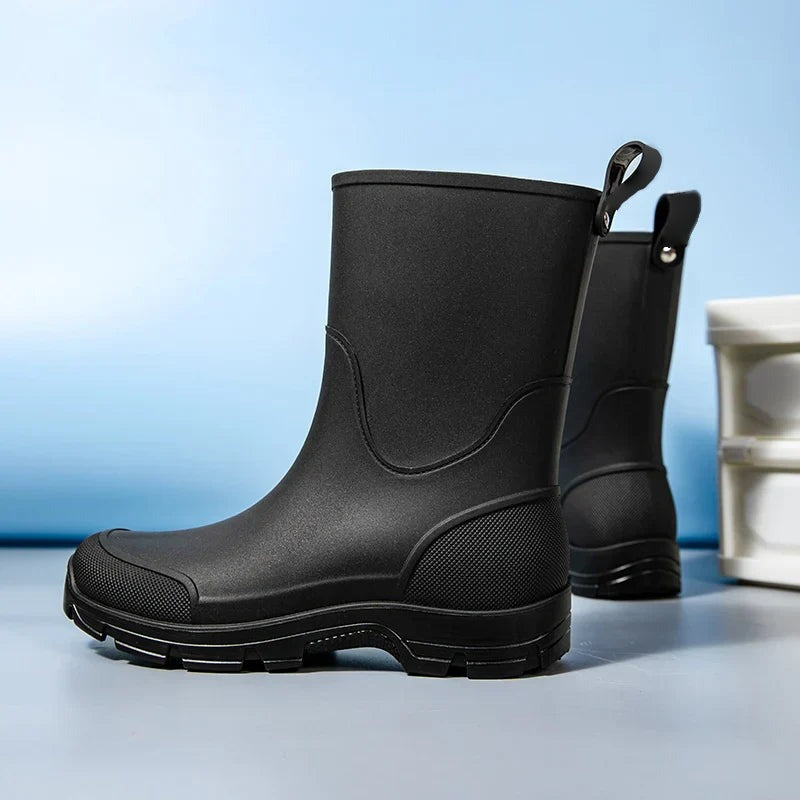 Halfhoge rubberen regenlaarzen in zwart, productfoto
