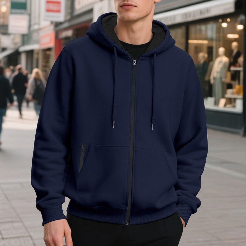 Oversized vest met capuchon voor heren in marineblauw, gedragen, voorkant