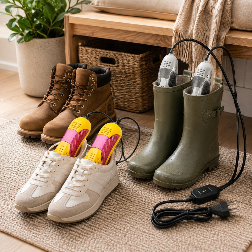 Gele schoenendroger in witte sneakers en witte droger in regenlaarzen