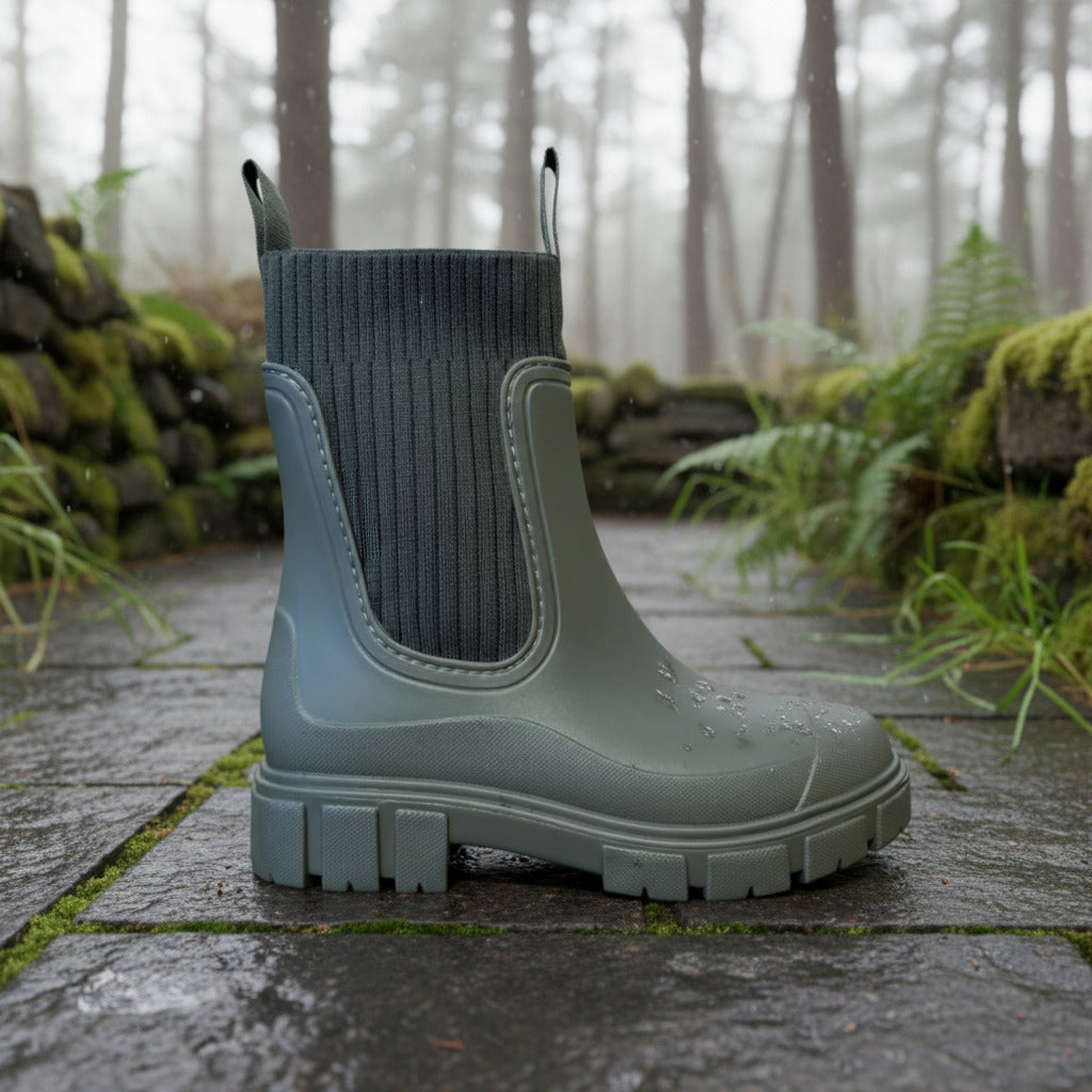 Halfhoge regenlaarzen met gebreide sokschacht in olijfgroen, buiten gedragen