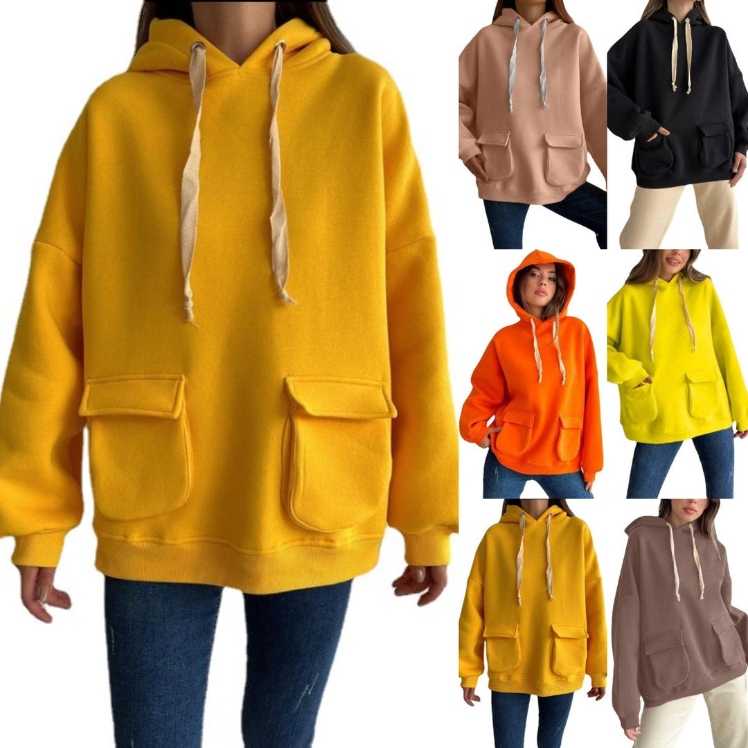 Collage van de oversized hoodie met klepzakken in mosterdgeel en alle andere kleuren | Boutique Moda