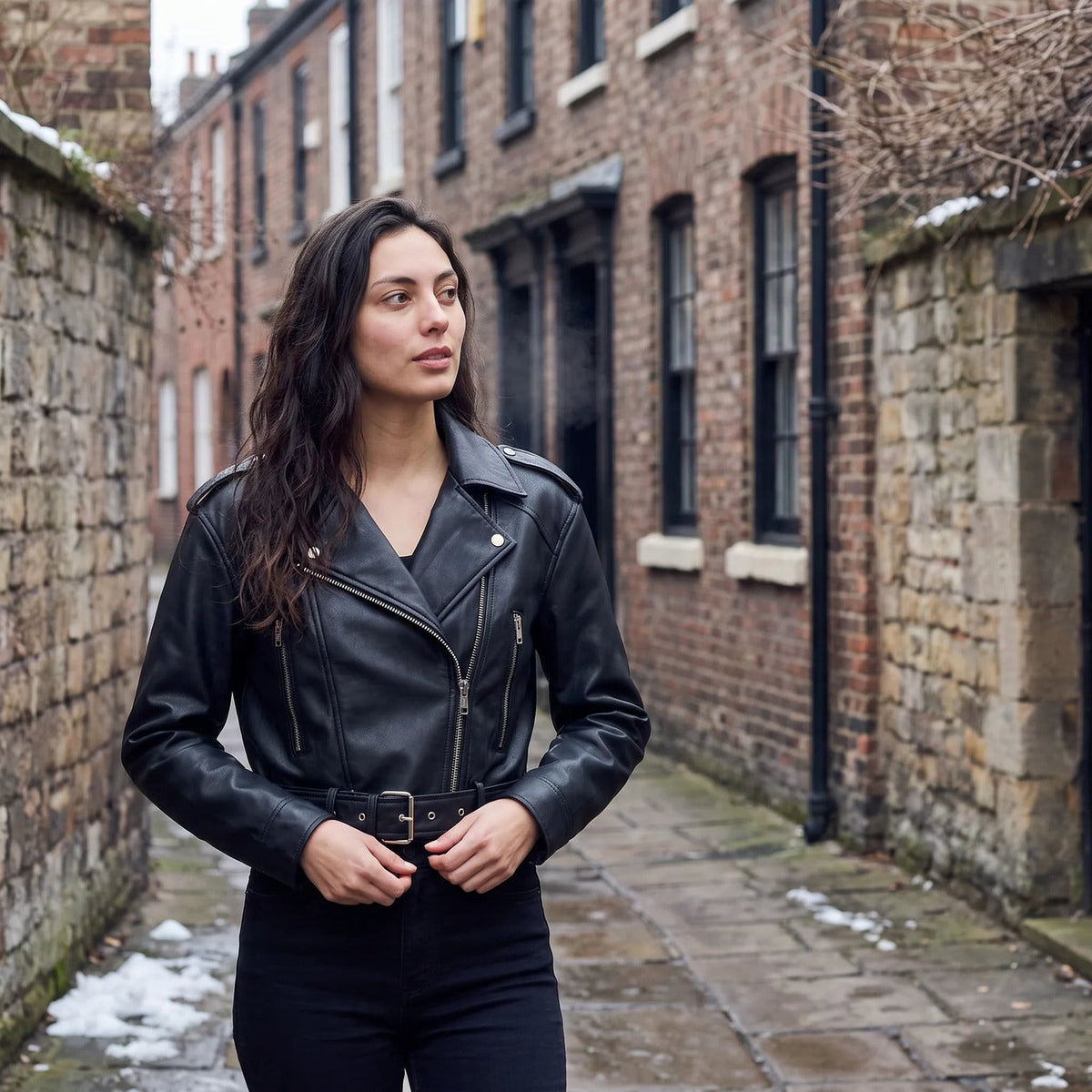 Bikerjack in leerlook met riem in zwart, gedragen op straat