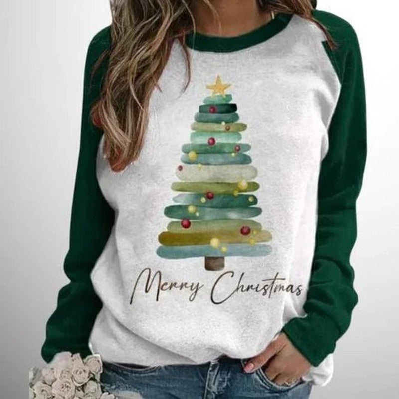 Kerstsweater met kerstboomprint in wit/donkergroen, gedragen