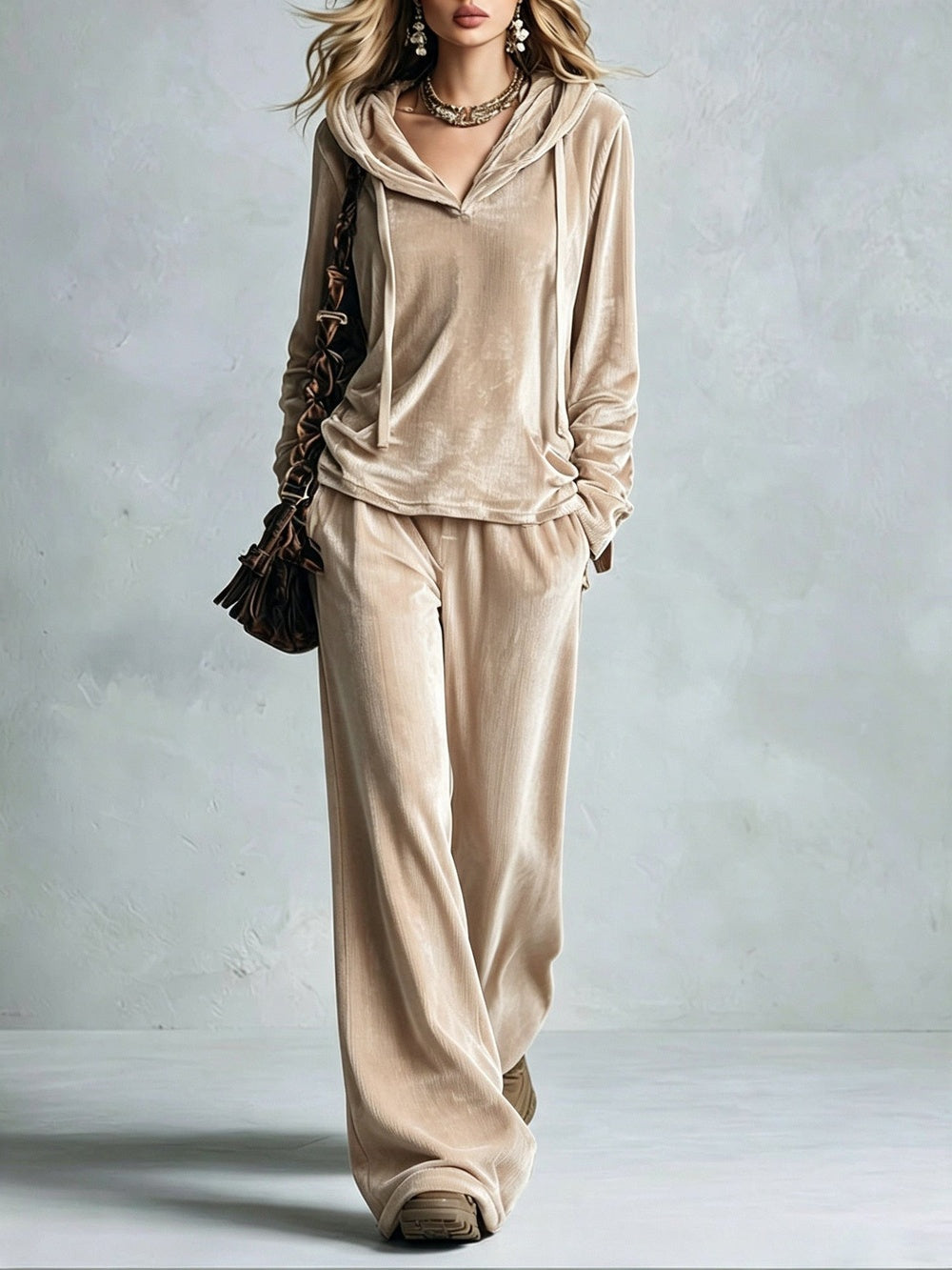 Fluwelen huispak in beige met hoodie en wijde broek, vooraanzicht, lopend