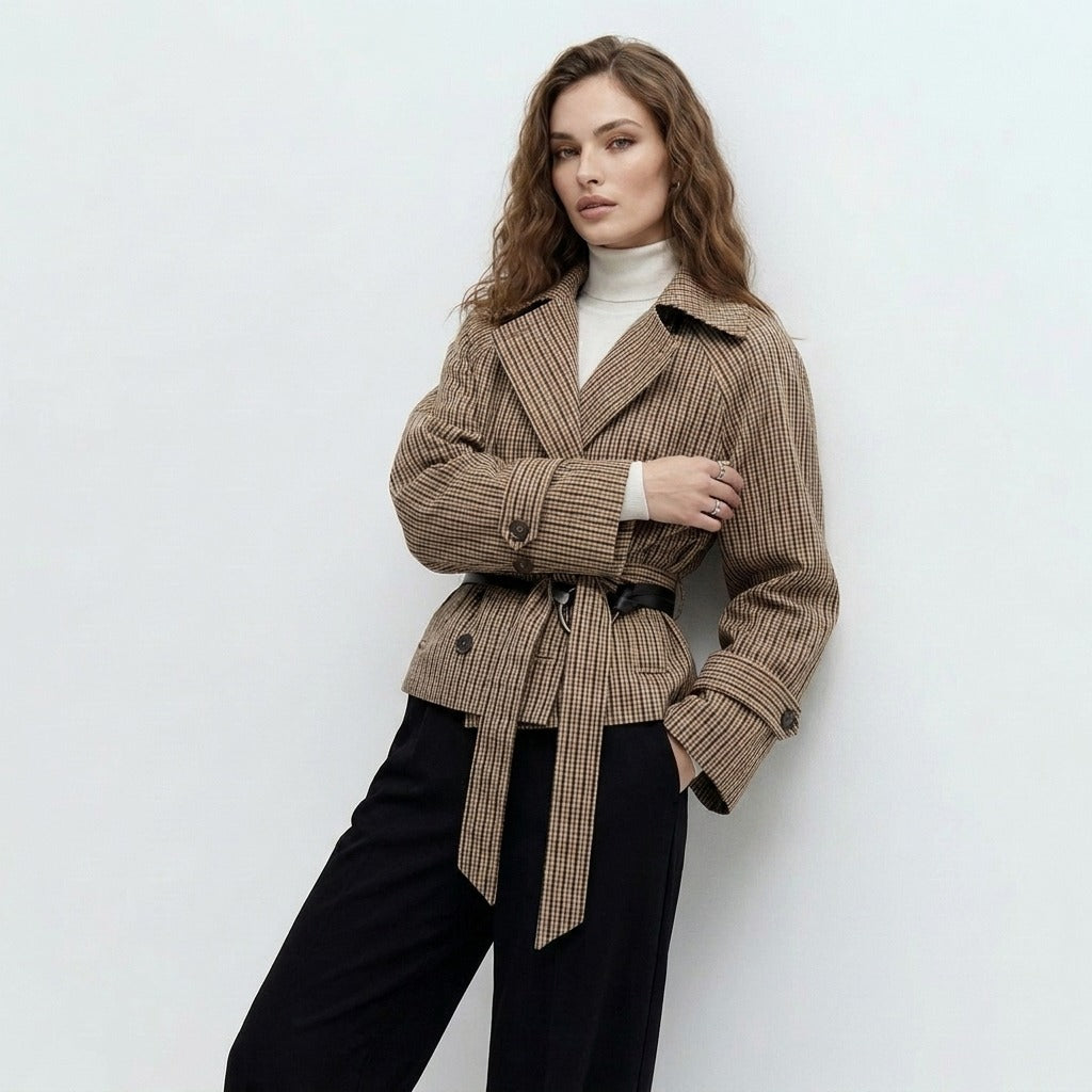 Korte trenchcoat met strikceintuur in bruin geruit, gedragen, zijaanzicht