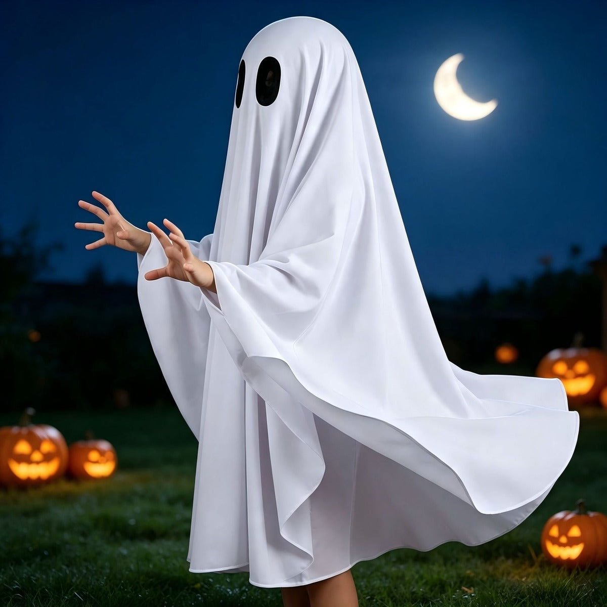 Kind in wit spookkostuum bij nacht tussen verlichte pompoenen