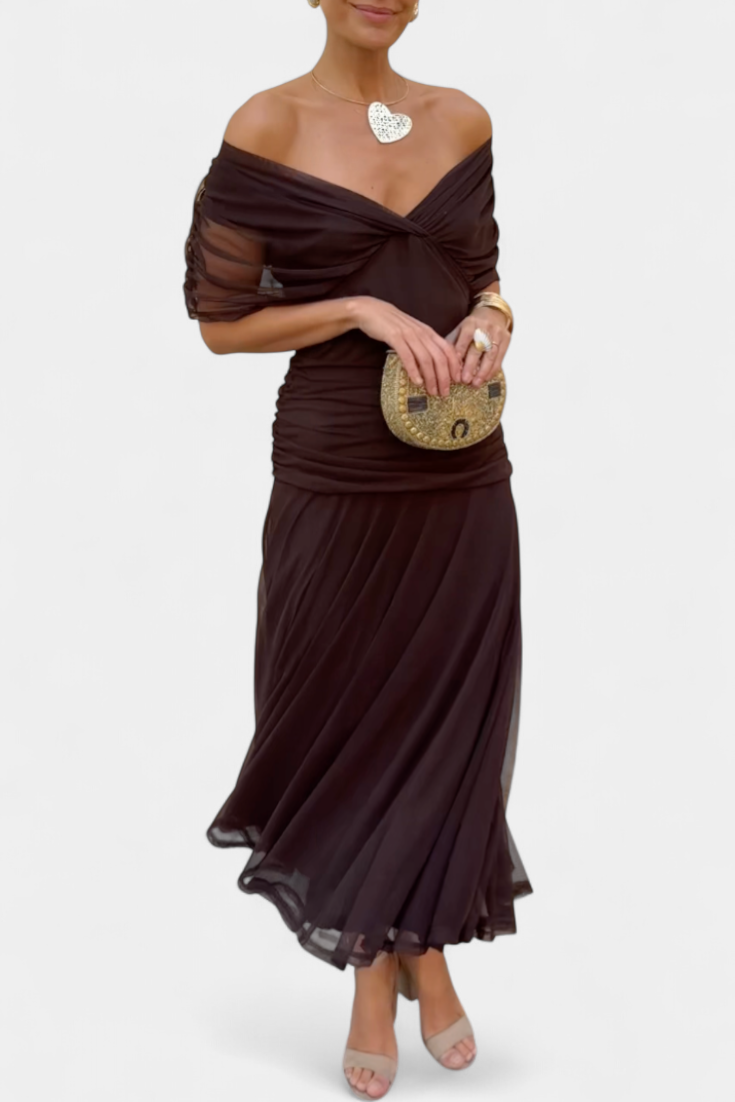 Maxi Jurk Dames | Bloemenprint | Off Shoulder | Gedrapeerde Taille-Boutique Moda