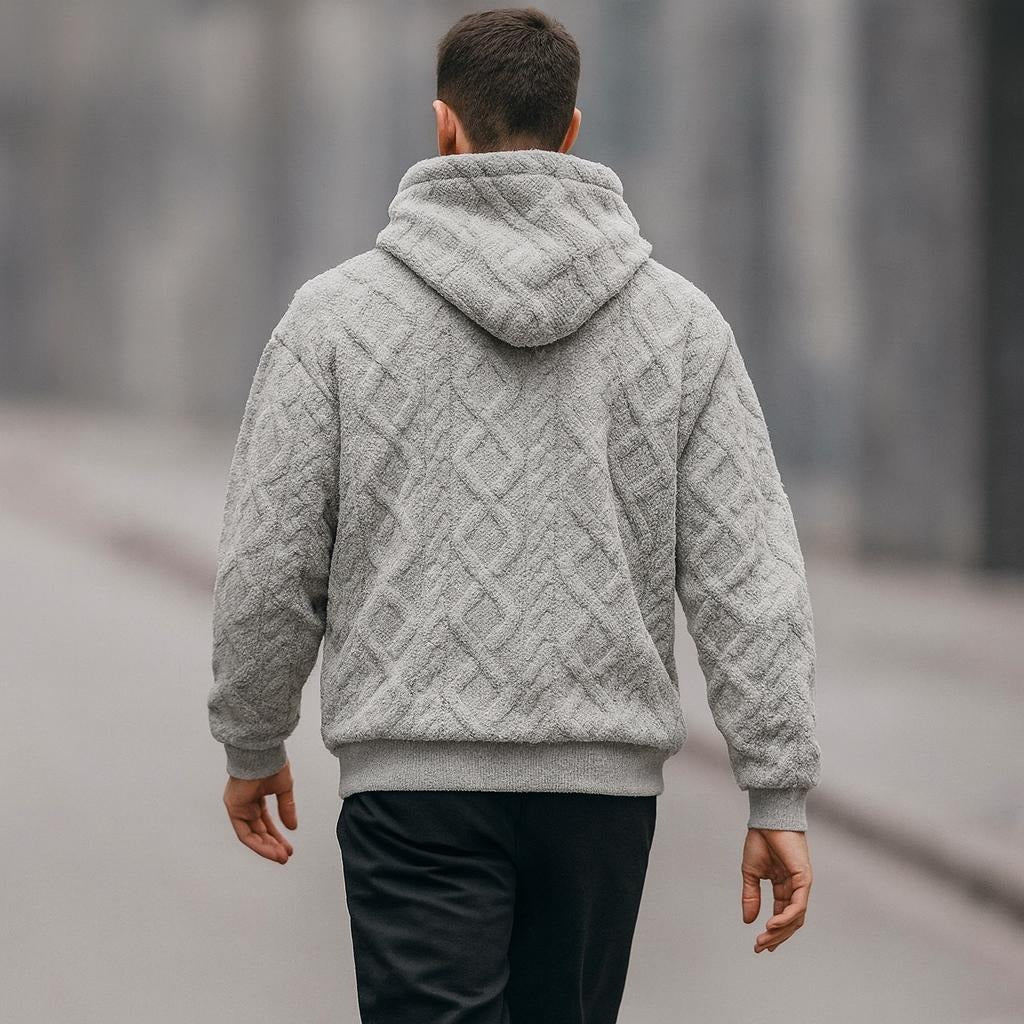 Teddyhoodie met ruitpatroon voor heren in grijs, gedragen, achterkant