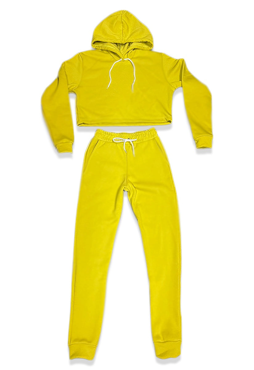 Joggingpak met korte hoodie in neongeel, plat neergelegd