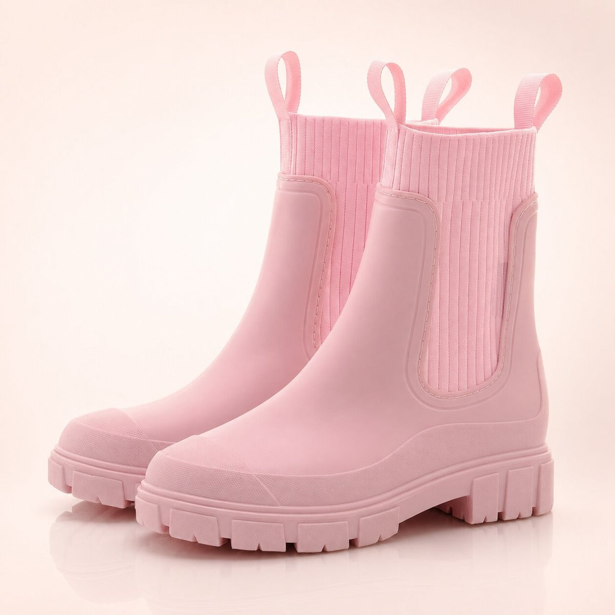 Regenlaarsjes met gebreide boord in roze, productfoto