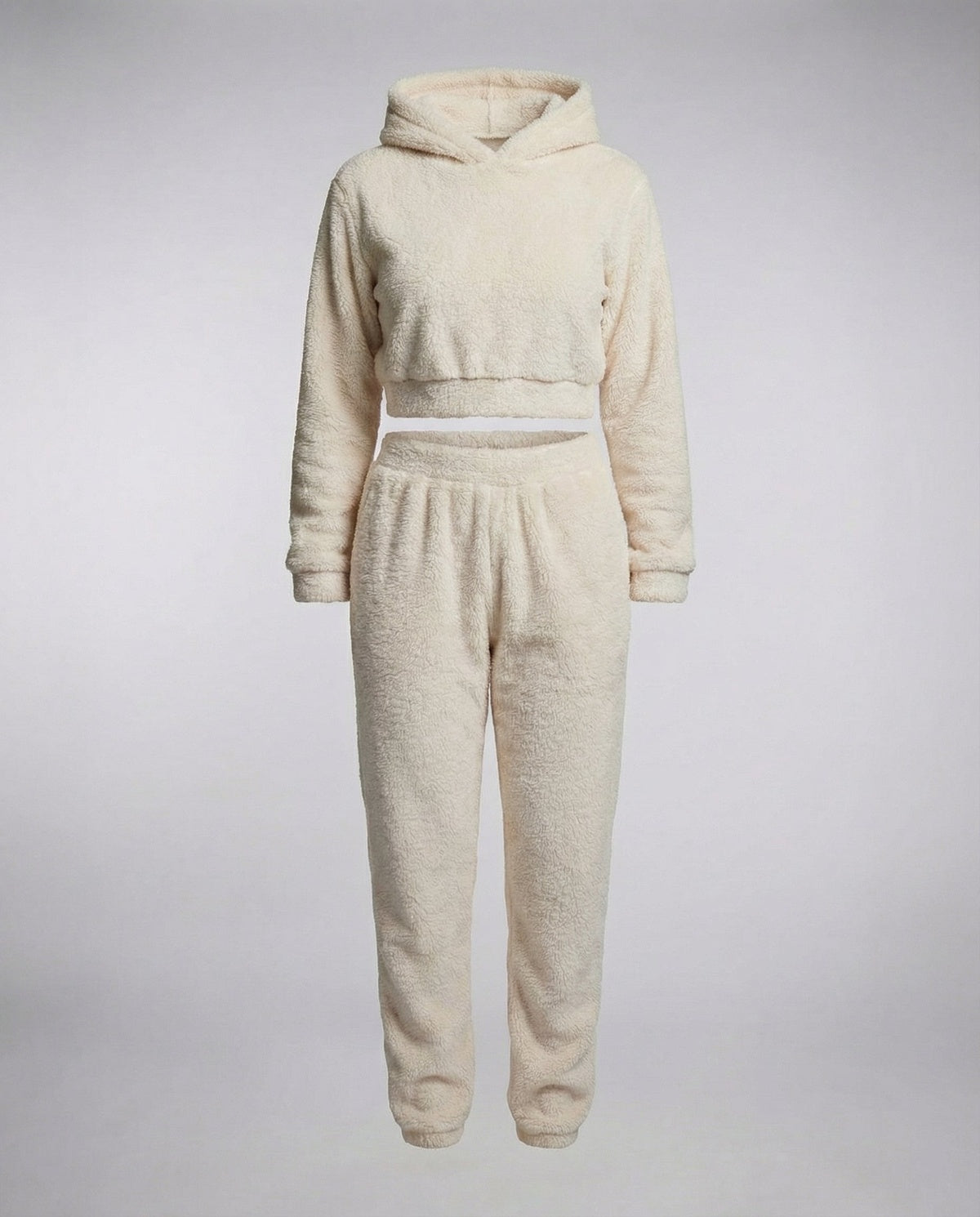 Teddyhuispak met korte hoodie en joggingbroek in crème, zonder model, vooraanzicht