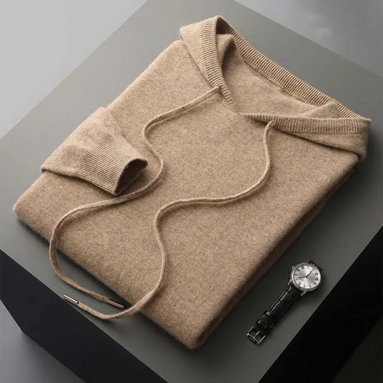 Gebreide hoodie voor heren in lichtbruin, opgevouwen