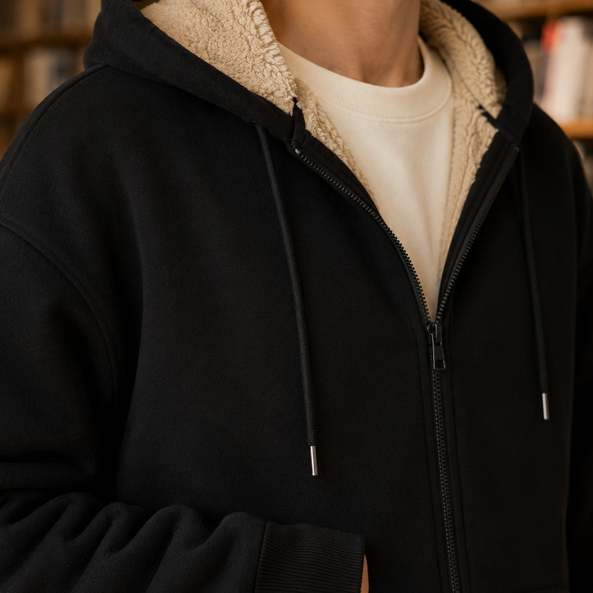Vest met capuchon voor heren in zwart, close-up van de capuchon met teddyvoering en de rits