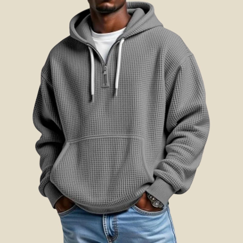 Half zip hoodie met wafelstructuur voor heren in grijs, gedragen, voorkant