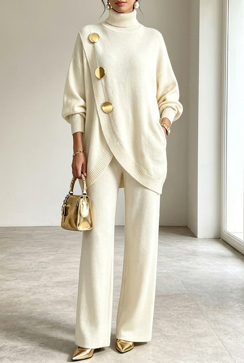 Gebroken witte gebreide co-ord set met coltrui met overslag en goudkleurige knopen, vooraanzicht