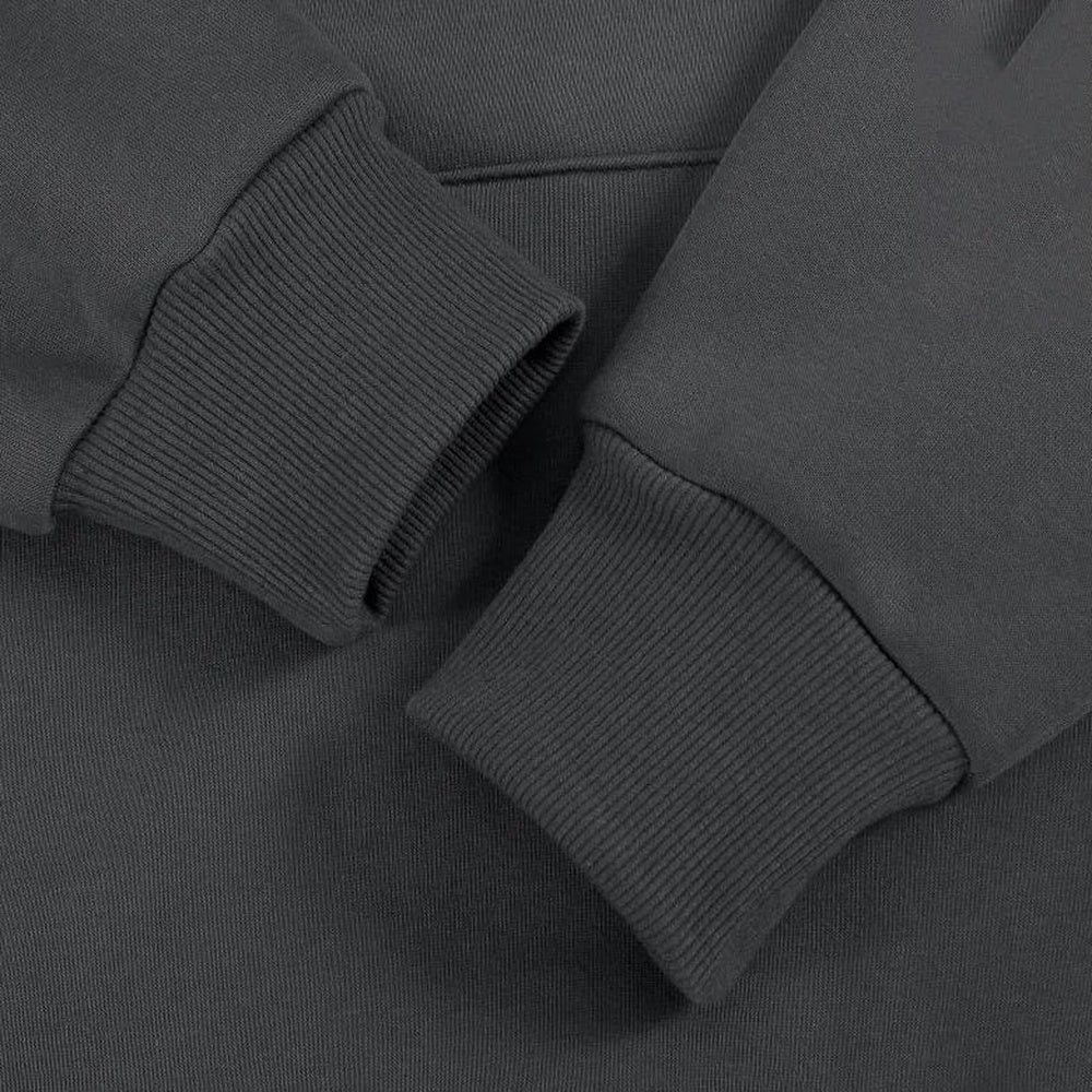 Dikke katoenen hoodie voor heren in donkergrijs, close-up van de geribde boord