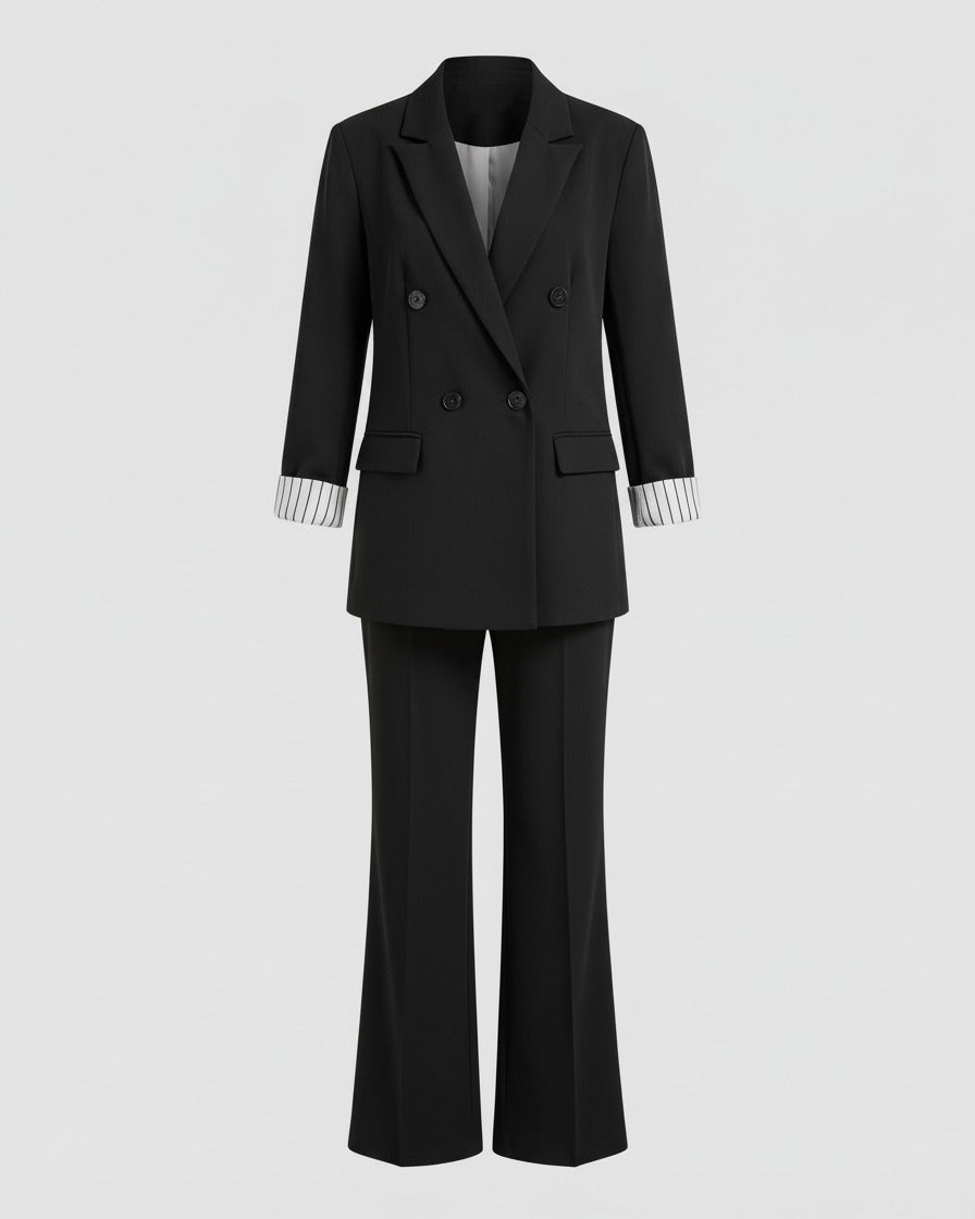 Tweedelig pak met getailleerde blazer en wijde broek in zwart, blazer en broek zonder model