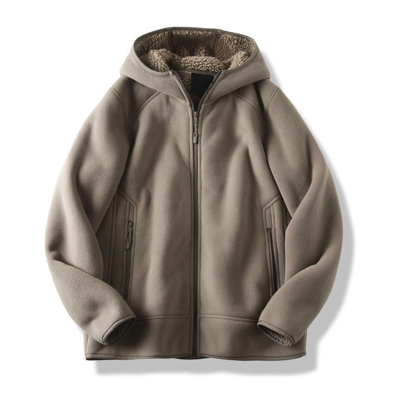 Fleecevest met capuchon en teddyvoering voor heren in taupe, voorkant
