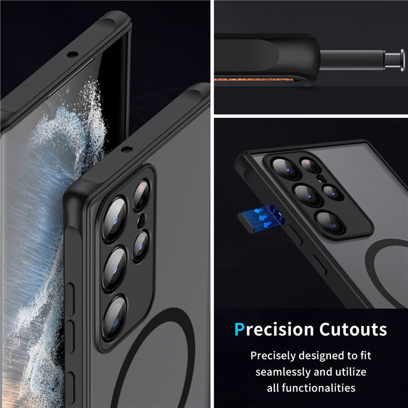 Zwart mat transparant hoesje met camera-uitsparingen, close-up productdetails getoond | Boutique Moda