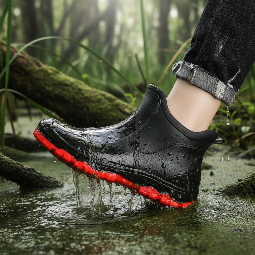 Waterdichte enkellaarsjes in zwart/rood, gedragen