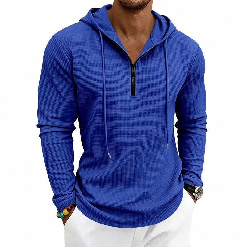 Hoodie met korte rits en wafelstructuur voor heren in koningsblauw, gedragen, voorkant