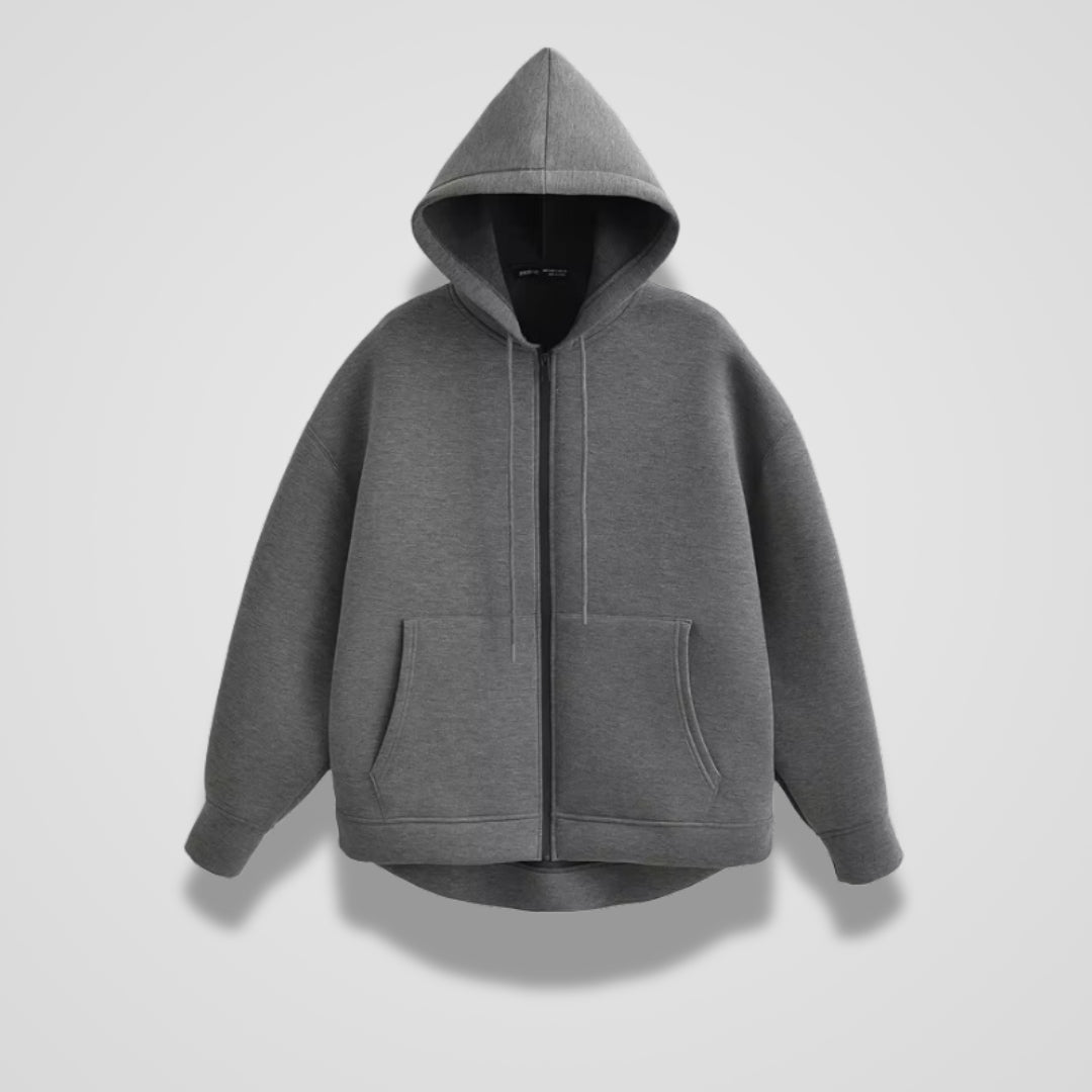 Donkergrijs oversized vest met capuchon, koorden en twee zakken, vooraanzicht | Boutique Moda