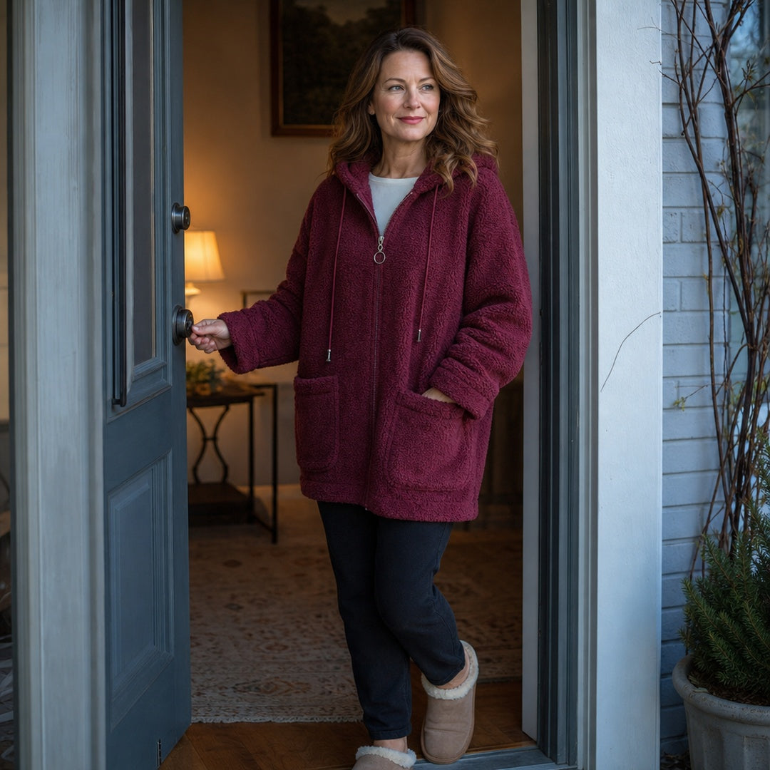 Vrouw in een bordeauxrood teddyvest in de open voordeur, met een donkere broek en pantoffels | Boutique Moda