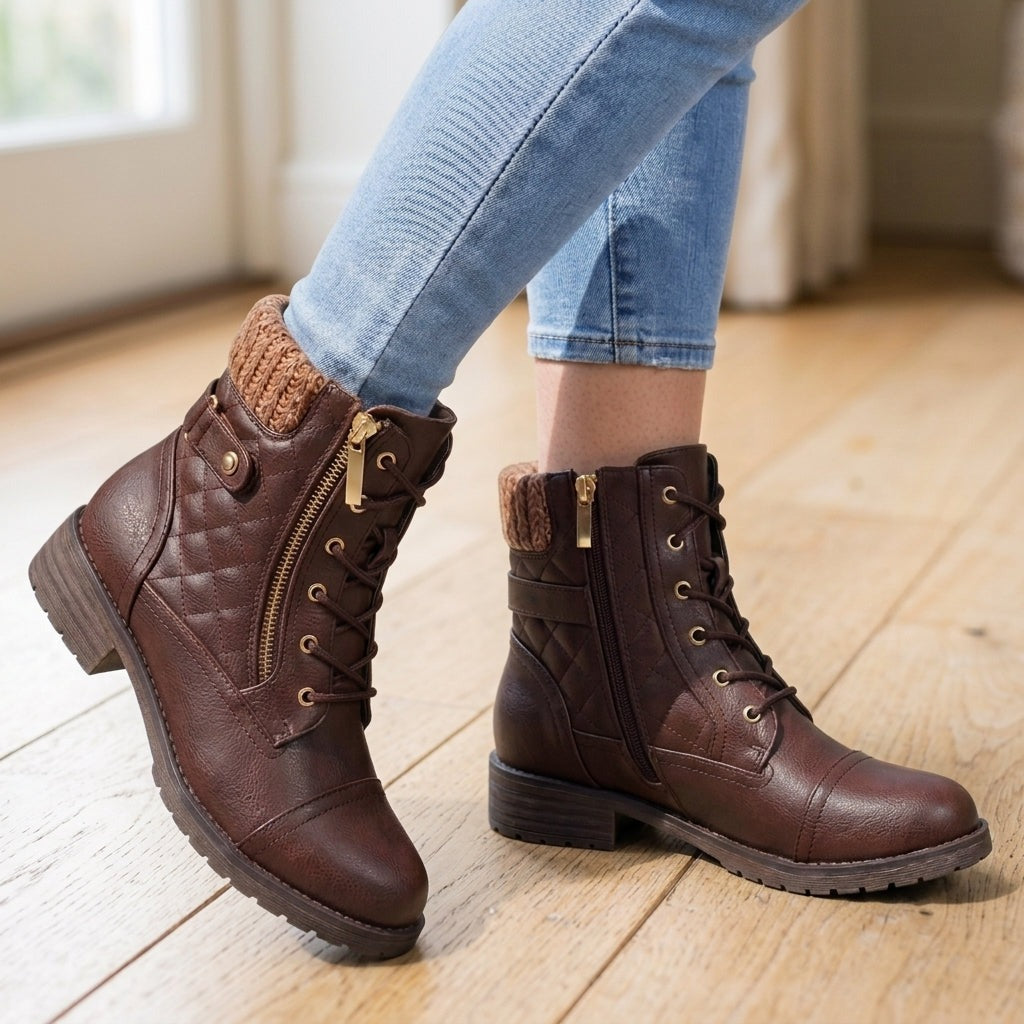 Donkerbruine veterboots met zijrits en gebreide rand