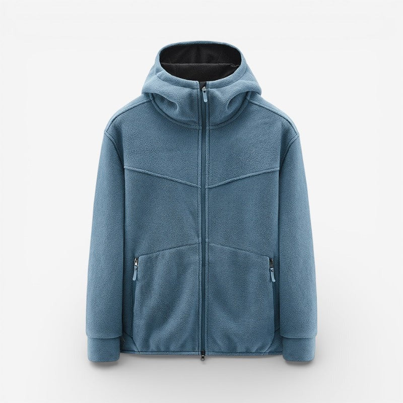 Fleecejas met capuchon voor heren in blauw, voorkant