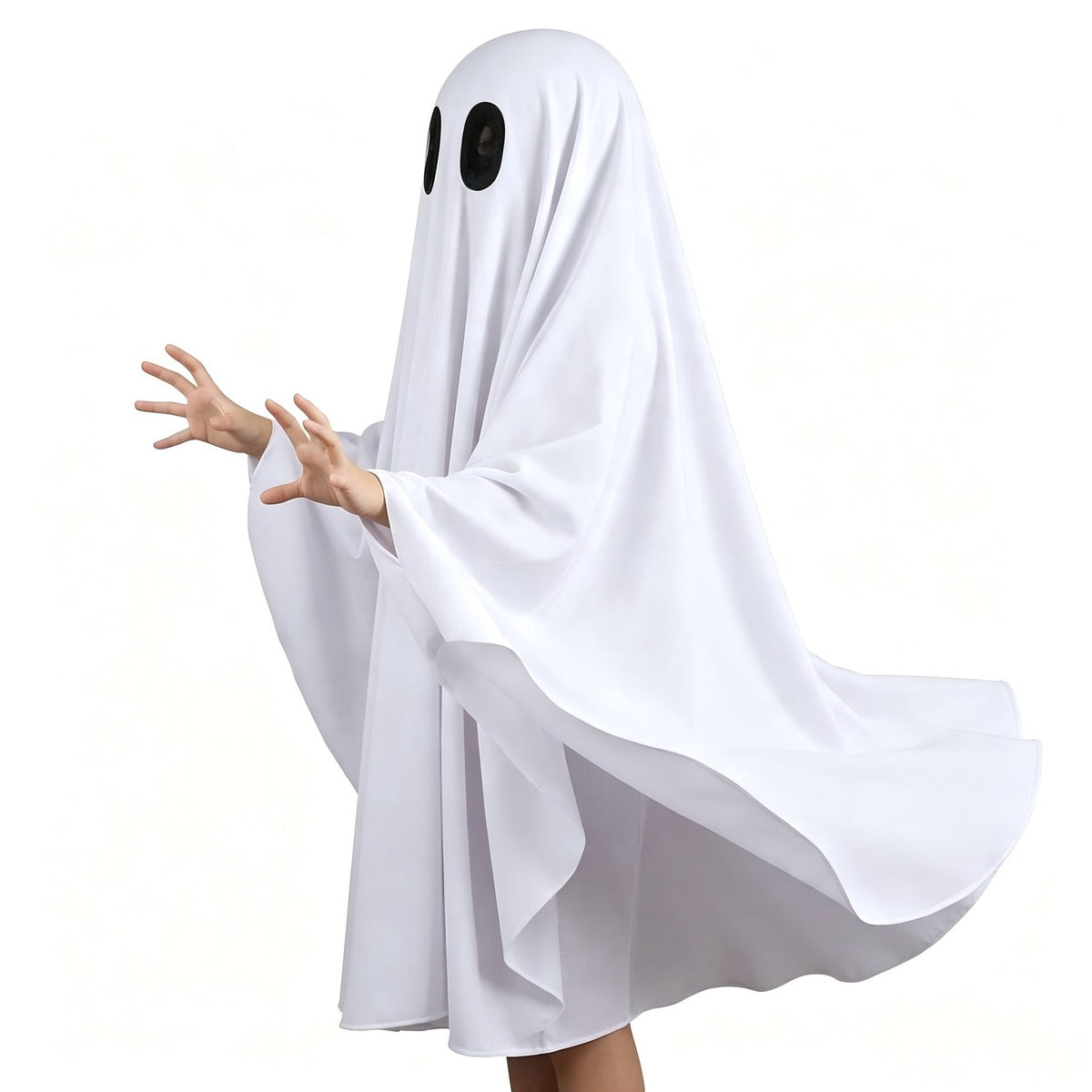 Wit spookkostuum voor kinderen van opzij, met uitgestrekte handen