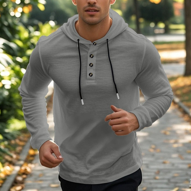 Henley hoodie met knoopsluiting voor heren in donkergrijs, gedragen, voorkant