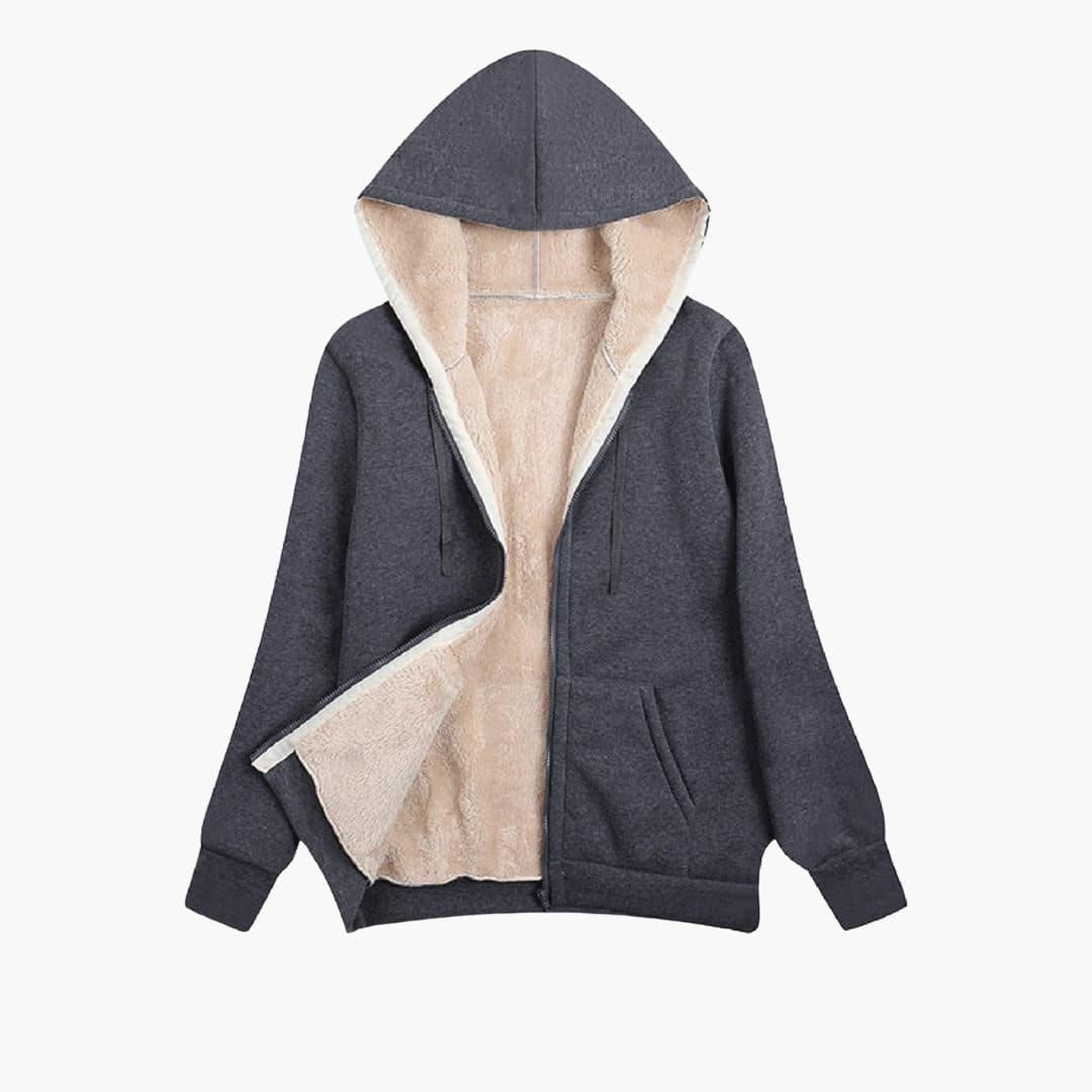 Grijs sweatvest met crèmekleurige teddyvoering en capuchon, open neergelegd | Boutique Moda