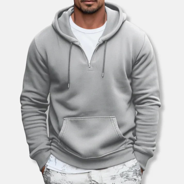 Half zip hoodie voor heren in grijs, gedragen, voorkant