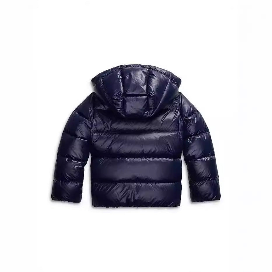 Korte pufferjas voor dames in marineblauw, achterkant met capuchon